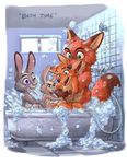  anthro bath buckteeth canine casual_nudity child clothing cute detailed_background disney duo female fox fur grey_fur group hi_res inside judy_hopps kit-ray-live lagomorph long_ears male mammal nick_wilde nude orange_fur rabbit size_difference teeth young zootopia 