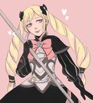  armor blonde_hair bow dress drill_hair elise_(fire_emblem_if) fire_emblem fire_emblem_if gloves hair_bow hair_ornament holding pink_background purple_eyes simple_background smile solo staff 