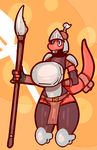  anthro armor bag big_breasts blue_eyes breastplate breasts claws clothing female fingerless_gloves gloves headgear helmet huge_breasts invalid_tag knight lizard long_tail melee_weapon polearm red_knight_(sirphilliam) red_skin reptile scalie simple_background sirphilliam spear weapon wide_hips 
