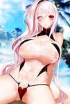  apt arm_support ass_visible_through_thighs bare_arms bare_shoulders beach blurry blush breasts cleavage cleavage_cutout coconut_tree commentary_request covered_nipples day depth_of_field hair_between_eyes heart heterochromia highres kuroda_kanbee_(sengoku_bushouki_muramasa) large_breasts long_hair looking_at_viewer one-piece_swimsuit outdoors palm_tree parted_lips purple_eyes sengoku_bushouki_muramasa side_ponytail silver_eyes silver_hair sitting solo spread_legs swimsuit tree very_long_hair wet wet_clothes wet_swimsuit 