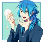 ahoge blue_background blue_hair blue_shirt brown_eyes dramatical_murder eyebrows_visible_through_hair fingers food food_on_face frame gradient gradient_hair hair_between_eyes hiiroichi holding ice_cream ice_cream_cone long_hair long_sleeves looking_at_viewer male_focus melting multicolored_hair open_mouth seragaki_aoba shirt solo teeth tongue two_side_up upper_body 