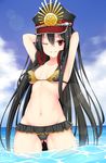  arms_behind_head black_hair blush breasts chixiao collarbone eyebrows_visible_through_hair fate/grand_order fate_(series) headphones headphones_around_neck highres long_hair looking_at_viewer medium_breasts navel oda_nobunaga_(fate) oda_nobunaga_(swimsuit_berserker)_(fate) one_eye_closed parted_lips red_eyes smile solo swimsuit teeth 