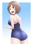  ass blue_background blue_swimsuit brown_hair competition_school_swimsuit from_behind gradient gradient_background green_eyes idolmaster idolmaster_cinderella_girls looking_at_viewer looking_back maekawa_miku open_mouth pataniito school_swimsuit short_hair solo swimsuit 