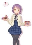  ? absurdres black_legwear blush cake closed_mouth cupcake eyebrows_visible_through_hair feet_out_of_frame food highres holding holding_plate idolmaster idolmaster_million_live! kamille_(vcx68) looking_at_viewer makabe_mizuki pantyhose plate purple_hair short_hair solo speech_bubble spoken_question_mark yellow_eyes 