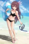  absurdres beach bikini black_bikini brown_hair chamu_(chammkue) cloud crescent crescent_moon_pin day diving_mask diving_mask_removed front-tie_top full_body hair_ornament highres innertube kantai_collection kisaragi_(kantai_collection) long_hair looking_at_viewer navel open_mouth outdoors purple_eyes sandals side-tie_bikini sky snorkel solo standing swimsuit twitter_username 
