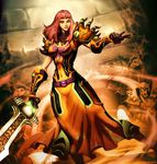  armor artist_name belt covered_navel dress faceless faceless_male gauntlets genzoman gloves grand_widow_faerlina hearthstone long_hair orange_eyes red_hair solo_focus sword warcraft weapon world_of_warcraft 