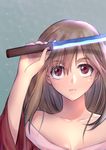  bad_id bad_pixiv_id breasts brown_hair cleavage closed_mouth collarbone highres holding holding_knife holding_weapon knife large_breasts long_hair looking_away looking_up miuka mole mole_under_eye nail_polish original red_eyes red_nails sketch solo upper_body weapon 