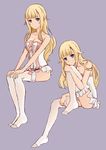  blonde_hair corset leg_up long_hair mizuki_(mizuki_ame) no_shoes princess_(princess_principal) princess_principal sitting smile solo underwear underwear_only 