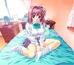 bed blush brown_hair hair_intakes hands_together indoors kawai_rie light_smile long_sleeves looking_at_viewer lovers no_shoes official_art on_bed pleated_skirt red_eyes school_uniform sitting skirt socks solo taki_minashika v_arms white_legwear 