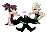  2boys adapted_costume alternate_hairstyle aori_(splatoon) black_footwear black_hair black_pants black_vest brown_eyes closed_mouth commentary cousins cup dated domino_mask dress_shirt drinking_glass from_side full_body genderswap genderswap_(ftm) grey_hair highres holding hotaru_(splatoon) invisible_chair light_frown looking_at_viewer looking_back mask mole mole_under_eye multiple_boys necktie pants parted_lips pointy_ears popped_collar red_neckwear scrunchie shirt shoes short_hair simple_background sitting sleeves_rolled_up smile splatoon_(series) tentacle_hair topknot vest white_background white_shirt wine_glass wong_ying_chee 