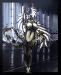  2017 3_tails absurd_res anthro big_eyelashes black_border blue_eyes blurred_background border bracelet braided_hair breasts cleavage clothed clothing fangs female hair hair_over_eye hi_res horn jewelry legwear long_hair looking_at_viewer multi_tail nipple_piercing nipples piercing presenting raised_arm solo standing stockings vrabo white_hair 