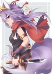  animal_ears armlet breasts commentary_request cowboy_shot fox_ears fox_tail from_side holding holding_sword holding_weapon horns kuon_(shinrabanshou) kyuubi long_hair looking_at_viewer looking_to_the_side multiple_tails parted_lips pelvic_curtain profile purple_hair red_eyes red_scarf sasa_onigiri scabbard scarf sheath shinrabanshou sleeveless small_breasts solo sword tail weapon 