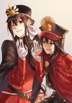  1girl :o black_cape black_hair brother_and_sister cape cheek_pinching clenched_teeth commentary fate/grand_order fate_(series) gloves hair_between_eyes hat highres long_hair looking_at_another military military_hat military_uniform oda_nobukatsu_(fate/grand_order) oda_nobunaga_(fate) peaked_cap pinching red_cape red_eyes siblings teeth uniform v-shaped_eyebrows white_gloves wince yuu+1 