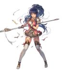  armor bangs blue_eyes blue_hair boots braid breasts broken broken_armor broken_weapon collar collarbone cuboon dress eyebrows_visible_through_hair fire_emblem fire_emblem:_seima_no_kouseki fire_emblem_heroes full_body gloves highres holding holding_weapon large_breasts lips long_hair long_legs looking_at_viewer official_art pauldrons pink_dress polearm ponytail short_dress shoulder_armor skirt spear tana thigh_boots thighhighs torn_clothes transparent_background weapon white_footwear white_gloves zettai_ryouiki 