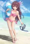  absurdres beach bikini brown_hair chamu_(chammkue) cloud crescent crescent_moon_pin day diving_mask diving_mask_removed front-tie_top full_body hair_ornament highres innertube kantai_collection kisaragi_(kantai_collection) long_hair looking_at_viewer navel open_mouth outdoors pink_bikini purple_eyes sandals side-tie_bikini sky snorkel solo standing swimsuit twitter_username 