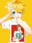  1boy adjusting_collar aqua_hair belt blonde_hair blue_eyes blue_hair bow brown_hair commentary finger_to_mouth hair_bow hair_ornament hairclip hand_on_own_head hands_up hatsune_miku headset highres kagamine_len kagamine_rin kaito long_hair looking_at_viewer megurine_luka meiko navel recursion sawashi_(ur-sawasi) scarf shirt short_hair smile solo t-shirt upper_body very_long_hair vocaloid yellow_background 