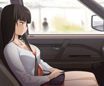  a1 bag bangs between_breasts blouse blunt_bangs blush breasts brown_hair car_interior closed_mouth collarbone dress from_side frown girls_und_panzer handbag jewelry large_breasts long_hair necklace nishizumi_shiho orange_dress own_hands_together profile seatbelt side_mirror sideways_mouth sitting sketch solo strap_cleavage 