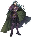 armor armored_boots blue_hair boots cape fire_emblem fire_emblem:_seima_no_kouseki fire_emblem_heroes full_body gloves highres holding holding_cape long_hair long_sleeves looking_at_viewer male_focus official_art p-nekor pants shoulder_armor smirk solo standing transparent_background valter 