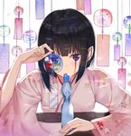  bangs black_hair commentary_request covered_mouth japanese_clothes kanikou kimono original pink_kimono purple_eyes ramune short_hair_with_long_locks sidelocks solo upper_body wide_sleeves wind_chime 
