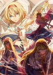  alice_margatroid blonde_hair blue_dress blue_eyes book bow capelet commentary_request dress hair_between_eyes hair_bow hairband lolita_hairband long_hair looking_at_viewer open_book parted_lips puppet_strings red_bow sash shanghai_doll short_hair solo touhou upper_body ze_xia 