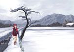  adjusting_scarf bangs bare_tree berabou boots bow breath cape grey_sky hair_bow hand_on_hip mountain mountainous_horizon outdoors pine_tree red_eyes red_hair red_scarf scarf scenery sekibanki short_hair snow solo touhou tree walking winter 