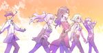  3girls brown_sky cinder_fall commentary_request eighth_note emerald_sustrai iesupa mercury_black multiple_boys multiple_girls music musical_note navel neo_(rwby) roman_torchwick rwby short_hair_with_long_locks singing twintails 