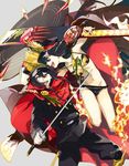  armpits bare_shoulders bikini black_hair cape dual_persona epaulettes fate/grand_order fate_(series) fire frilled_bikini_bottom frills groin guitar hat instrument katana long_hair multiple_girls navel oda_nobunaga_(fate) oda_nobunaga_(swimsuit_berserker)_(fate) open_mouth peaked_cap red_eyes sorakura_shikiji swimsuit sword weapon 