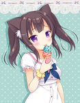  anchor_hair_ornament animal_ears aqua_background bangs blue_bow blush bow breasts brown_hair cat_ears collarbone collared_dress commentary_request double_scoop dress eyebrows_visible_through_hair food hair_ornament hairclip head_tilt holding ice_cream ice_cream_cone kaiware-san large_breasts licking looking_at_viewer original polka_dot polka_dot_background polka_dot_scrunchie puffy_short_sleeves puffy_sleeves purple_eyes sailor_dress scrunchie short_sleeves solo tongue tongue_out tsurime twintails upper_body wrist_scrunchie yellow_scrunchie 