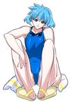  blue_hair blue_swimsuit competition_swimsuit full_body goggles goggles_around_neck green_eyes hand_on_leg highres kuroda_kazuya legs_folded looking_at_viewer meia_gisborn nail_polish non-web_source official_art one-piece_swimsuit sandals short_hair simple_background smile solo swimsuit toenail_polish towel vandread wet white_background 