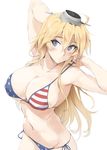  american_flag_bikini arms_up bikini blonde_hair blue_eyes blush breasts cleavage closed_mouth covered_nipples flag_print hair_between_eyes hat iowa_(kantai_collection) kantai_collection large_breasts long_hair navel side-tie_bikini simple_background solo star star-shaped_pupils strap_lift swimsuit symbol-shaped_pupils white_background zekkyon 
