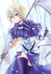  armor armored_dress bangs black_bow black_legwear blonde_hair blue_eyes bow braid breasts capelet chain closed_mouth commentary cowboy_shot fate/apocrypha fate_(series) faulds flag gauntlets hair_bow headpiece highres jeanne_d'arc_(fate) jeanne_d'arc_(fate)_(all) long_hair looking_at_viewer medium_breasts single_braid smile solo thighhighs very_long_hair yuu+1 