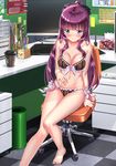 barefoot bikini blue_eyes blush breasts chair cleavage closed_mouth highres keyboard_(computer) long_hair medium_breasts mole mole_on_breast monitor navel new_game! office_chair ponytail purple_hair sitting solo swimsuit swordsouls takimoto_hifumi 