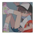  1girl backpack bag bandaid blush brown_hair cap child female hat legs original randoseru shoes shorts sneakers solo tanaka_ahiru 