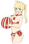  :d ahoge ball beachball bikini blonde_hair blush breasts cleavage cowboy_shot criss-cross_halter cropped_legs earrings fate/grand_order fate_(series) from_side green_eyes hair_intakes halterneck jewelry large_breasts long_hair looking_at_viewer michihasu navel nero_claudius_(fate)_(all) nero_claudius_(swimsuit_caster)_(fate) open_mouth simple_background smile solo striped striped_bikini swimsuit twintails v-shaped_eyebrows white_background 