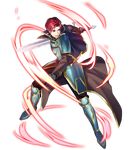  armor armored_boots boots cape capelet fire_emblem fire_emblem:_seima_no_kouseki fire_emblem_heroes fujiwara_ryo full_body gloves highres holding holding_weapon long_sleeves looking_away male_focus official_art open_mouth pants red_eyes red_hair seth_(fire_emblem) solo sword transparent_background weapon 