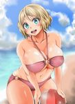  1girl adahcm ball beach beachball bikini blonde_hair blue_eyes breasts clouds collarbone day large_breasts looking_at_viewer navel o-ring pink_bikini pokemon pokemon_(anime) pokemon_xy serena_(pokemon) shiny shiny_skin skindentation sky smile solo swimsuit teeth thick thick_thighs thighs 