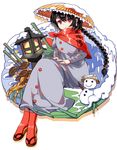  ajirogasa bamboo black_hair braid buttons clothes_writing dress earlobes grey_dress hands_on_lap hat he2kin lantern long_hair mushroom red_eyes red_legwear sandals sitting smile snow snowman solo stone_lantern touhou translation_request twin_braids yatadera_narumi 