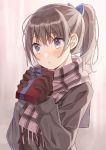  1girl black_jacket blue_eyes blue_ribbon blush box brown_gloves brown_hair brown_scarf closed_mouth commentary_request fringe_trim gift gift_box gloves hair_ornament hands_up highres holding holding_box jacket long_hair long_sleeves looking_away minasenagi original plaid plaid_scarf ponytail ribbon scarf sidelocks solo upper_body valentine winter_clothes 