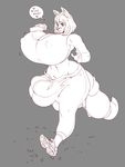  anthro big_breasts boosterpang breasts bulge canine clothed clothing dickgirl english_text greyscale huge_breasts hyper hyper_breasts hyper_bulge intersex jogging mammal monochrome nipple_bulge solo text tight_clothing wide_hips 