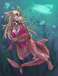  2014 4_toes 5_fingers anthro bikini blonde_hair brown_skin clefdesoll clothing female fish hair hi_res kelp long_hair looking_away mae_koh marine navel pink_eyes rismic shark smile solo swimming swimsuit tiger_shark toes underwater water 