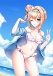  bad_proportions bangs beach bikini blue_eyes blue_sky blush breasts cleavage cloud cloudy_sky commentary contrapposto cowboy_shot day dutch_angle eyebrows_visible_through_hair frilled_bikini frills girls_frontline hair_between_eyes hair_bun hair_intakes hair_ornament hairband hands_up highres long_hair looking_at_viewer medium_breasts navel ocean one_eye_closed outdoors painteen parted_lips side_bun sidelocks sky snowflake_hair_ornament solo standing suomi_kp31_(girls_frontline) swimsuit thighs tsurime v white_bikini 