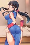  ? ass bangs bare_arms bare_shoulders bed bedroom black_hair blunt_bangs blush breasts chi-chi_(dragon_ball) china_dress chinese_clothes commentary_request dragon_ball dragon_ball_z dress from_behind hands_on_own_ass highres indoors kippuru large_breasts long_hair looking_at_viewer looking_back pantylines pillow ponytail sleeveless sleeveless_dress solo sweatdrop thong 