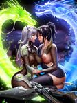  genderswap genjii_(overwatch) hanzo_(overwatch) liang_xing mecha_musume nipples overwatch pussy_juice see_through thighhighs watermark 