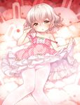 arm_garter blush bow brown_eyes checkered checkered_dress commentary_request crotch_seam dress kito_(sorahate) knees_together_feet_apart looking_at_viewer lying on_back open_mouth original pantyhose pink_dress short_hair silver_hair solo strap_slip sweat white_legwear 