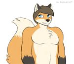  2017 anthro blue_eyes brown_fur brown_hair canine chest_tuft clothed clothing corporalbackrubs digital_media_(artwork) dipstick_tail fox fur gloves_(marking) hair half-length_portrait hi_res male mammal markings multicolored_tail orange_fur portrait short_hair simple_background smile solo topless tuft white_background white_fur 