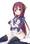  ainu_clothes blush breasts cosplay gradient_hair highres kamikaze_(kantai_collection) kamoi_(kantai_collection) kamoi_(kantai_collection)_(cosplay) kantai_collection large_breasts long_hair multicolored_hair open_mouth pelvic_curtain purple_hair revealing_clothes sideboob thighhighs wrist_guards zhi_zhi/zu_zu 