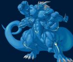  4_arms anthro big_nipples big_pecs blue_scales blue_skin chest_grab claws daygo dragon featureless_crotch grin grope horn huge_muscles huge_tail male multi_arm multi_limb multi_pec multifur muscular nipples pecs plantigrade scales scalie smile snout western_dragon 