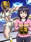  abs bare_shoulders black_hair boots brown_eyes commentary_request dual_persona elbow_pads mask midriff spring_tiger takaoka_haruna tiger_mask_(series) tiger_mask_w track_suit wasabi_shoujo wrestling_outfit wrestling_ring 