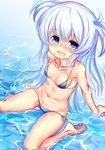  :d baikamo_(flower_knight_girl) bare_legs bikini blue_bikini blue_eyes blush breasts collarbone flower_knight_girl keikotsu long_hair looking_at_viewer open_mouth partially_submerged side-tie_bikini silver_hair sitting small_breasts smile solo swimsuit two_side_up wariza water 
