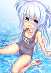  :d baikamo_(flower_knight_girl) bare_legs blue_eyes blue_swimsuit blush breasts collarbone flower_knight_girl keikotsu long_hair looking_at_viewer name_tag one-piece_swimsuit open_mouth partially_submerged school_swimsuit silver_hair sitting small_breasts smile solo swimsuit two_side_up wariza water 